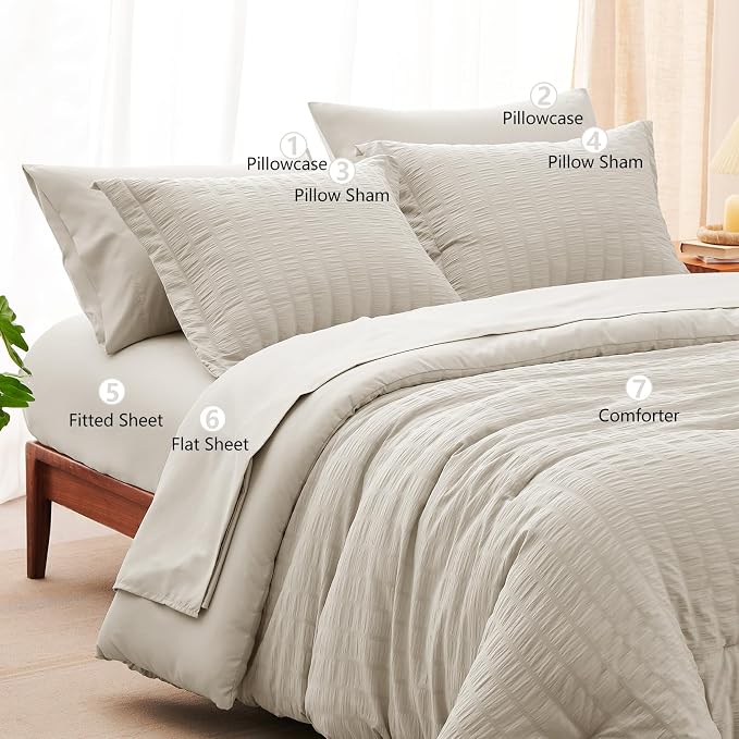 CozyLux Oversized Queen Comforter Set Beige Seersucker 7 Pieces 98x98 Bed in a - Image 7