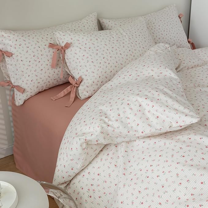 mixinni White Flower Pattern Duvet Cover Queen Cottage Pink Floral Stripes by mixinni