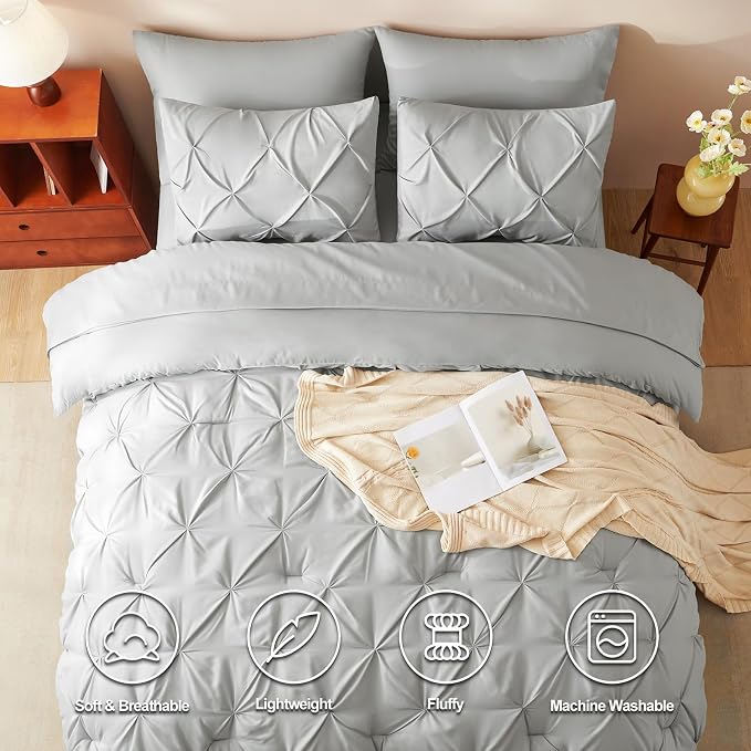 CozyLux King Size Comforter Set Light Grey, 7 Pieces Pintuck Bed in A Bag Gray - Image 2