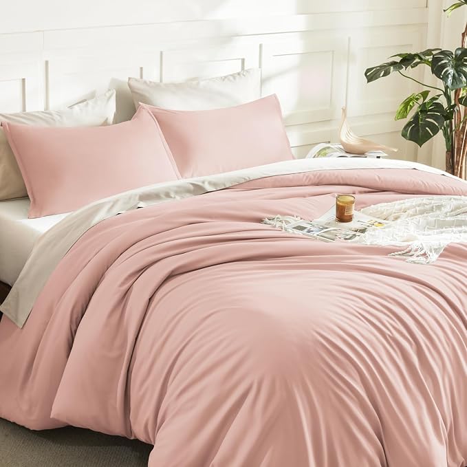 Litanika Pink Queen Size Comforter Set, 3 Pieces Blush Plain Bedding Comforter - Image 5