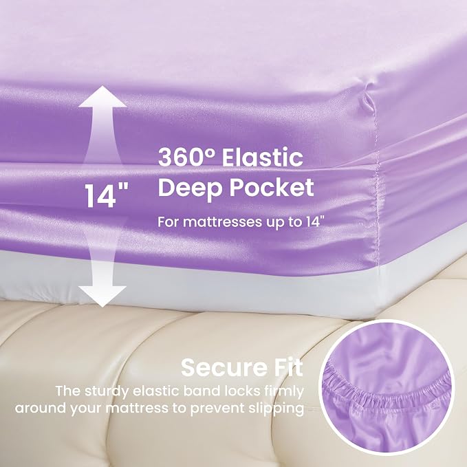 Love's cabin 4Piece California King Satin Bed Linen Set, Lavender Silky Satin - Image 4