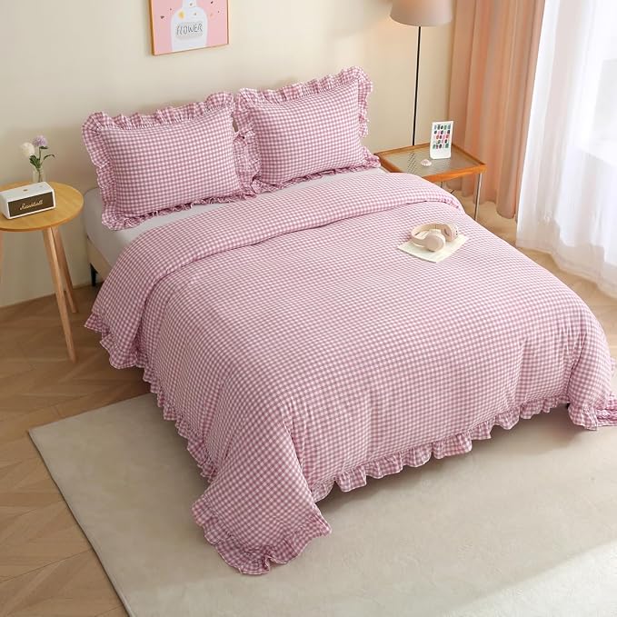 Silnuo Vintage Pink/White Plaid Ruffle 3-Piece Duvet Cover Set Full Size - Image 7