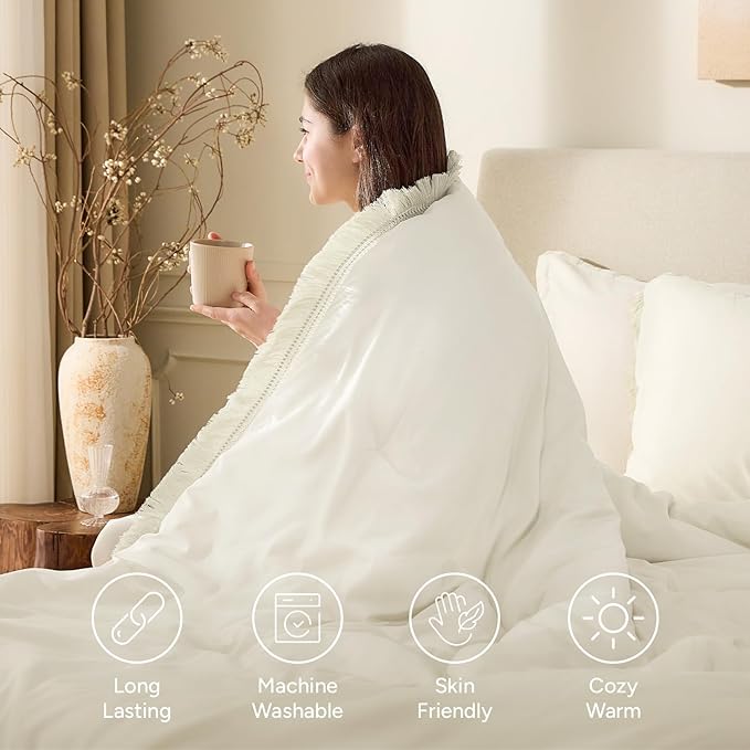Andency Comforter Oversized King Ivory 120x98, 3 Pieces Boho Winter Lightweight - Image 4