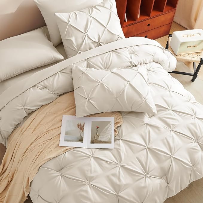 CozyLux Queen Comforter Set Oatmeal, 7 Pieces Pintuck Bed in A Bag, Premium - Image 4