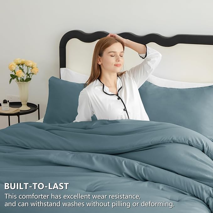 CozyLux King Size Comforter Set Mineral Blue, 3 Pieces Solid Comforters King - Image 3