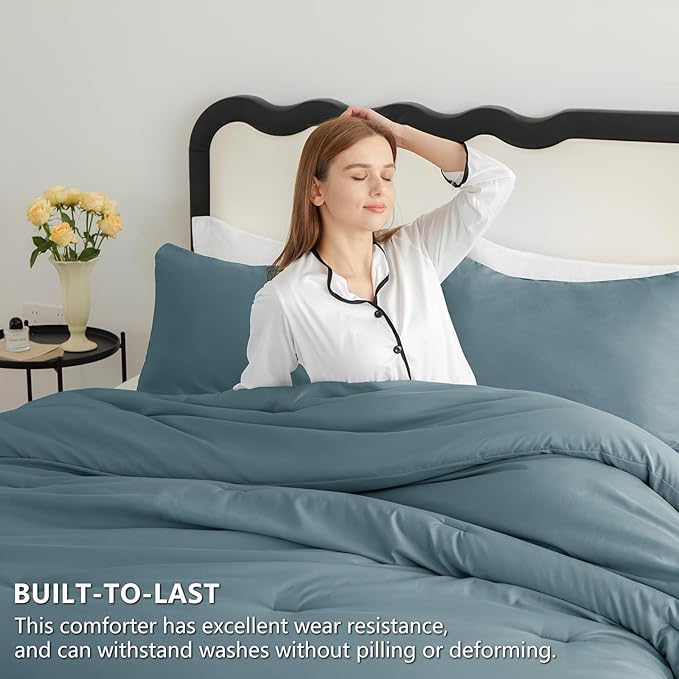 CozyLux Full Size Comforter Set Mineral Blue, 3 Pieces Solid Breathable Quilted - Image 3