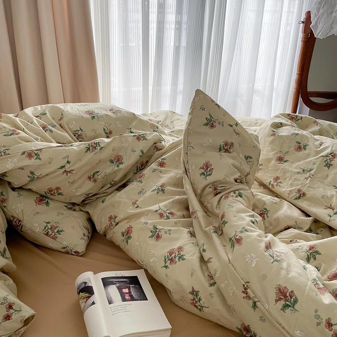 MKXI Yellowish Beige & Red Floral Duvet Cover Set Queen Size - Image 6