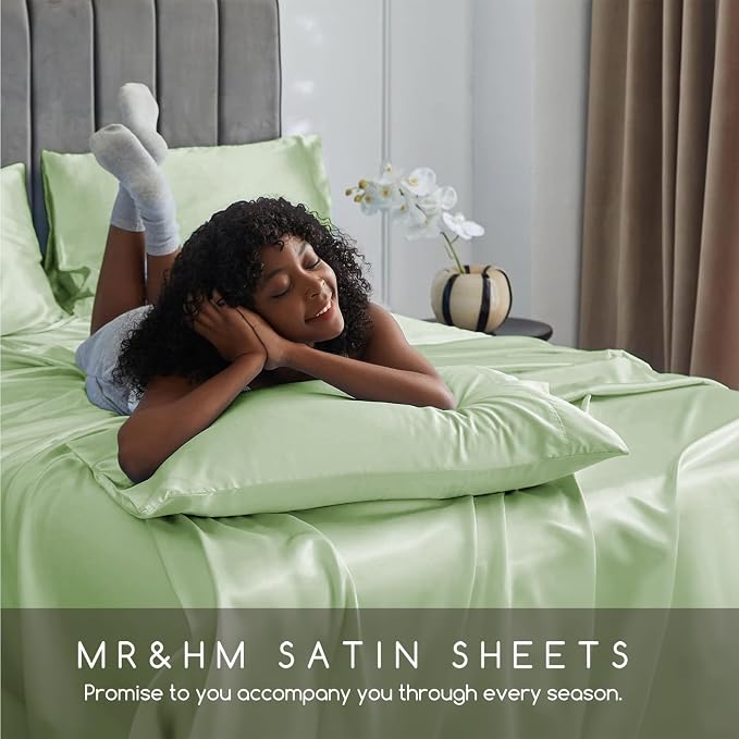 MR&HM Satin Bed Sheets with Elastic Corner Straps, King Size Sheets Set - Image 6