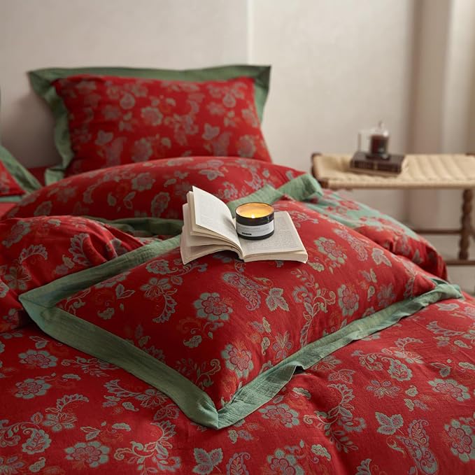 mixinni Exquisite Vintage Red Floral Duvet Cover King Size Yarn-Dyed Jacquard - Image 4