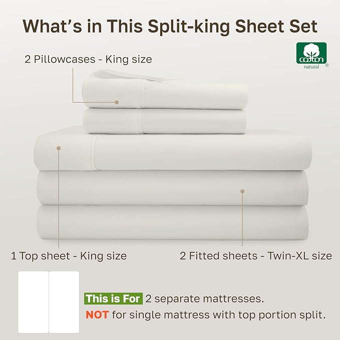 CALIFORNIA DESIGN DEN Soft 100% Cotton Split King Sheet Set, 400 Thread Count - Image 4
