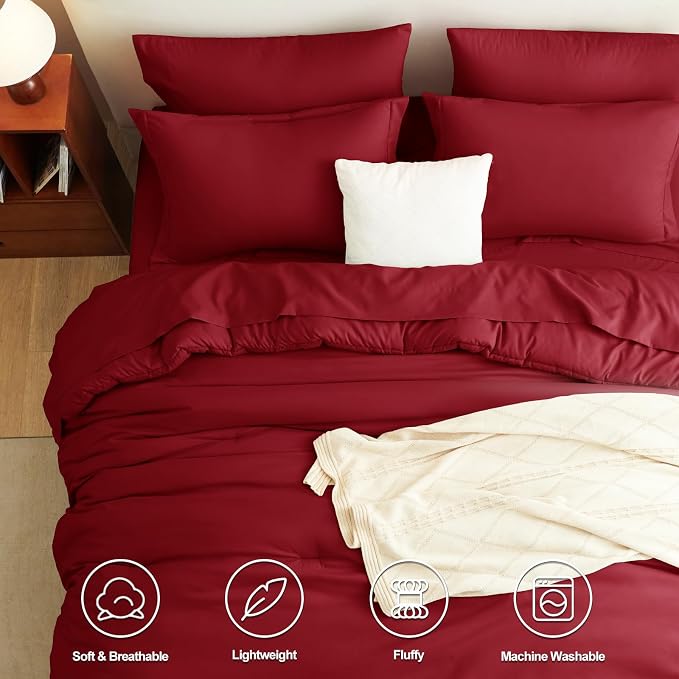 CozyLux Queen Comforter Set Dark Red, 7 Pieces Bed in a Bag Queen Comforter Set - Image 2