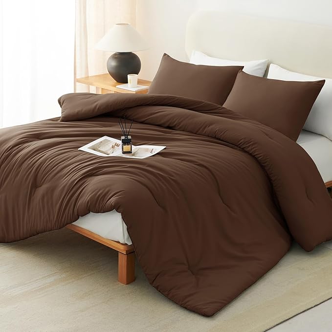 CozyLux Full Size Comforter Set Brown, 3 Pieces Solid Breathable Quilted by CozyLux
