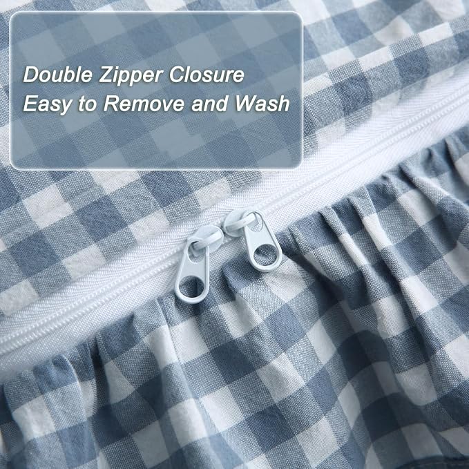 Silnuo Light Blue/White Plaid Ruffle Duvet Cover Full Size, 100% Washed Cotton - Image 5