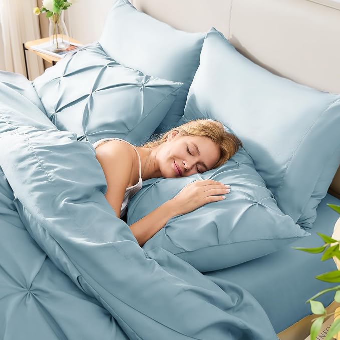 CozyLux Full Size Comforter Sets Light Blue, 7 Pieces Pintuck Bed in A Bag Blue - Image 8