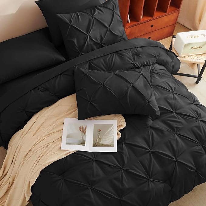 HIMEET Pintuck Bed in a Bag, 5 Pieces Twin Comforter Set Black, Pinch Pleat Bed - Image 4