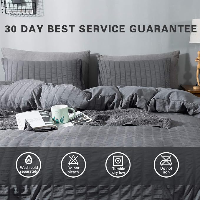 AveLom Seersucker Duvet Cover Set Full Size, 3 Pieces, Dark Gray Ultra Soft - Image 7