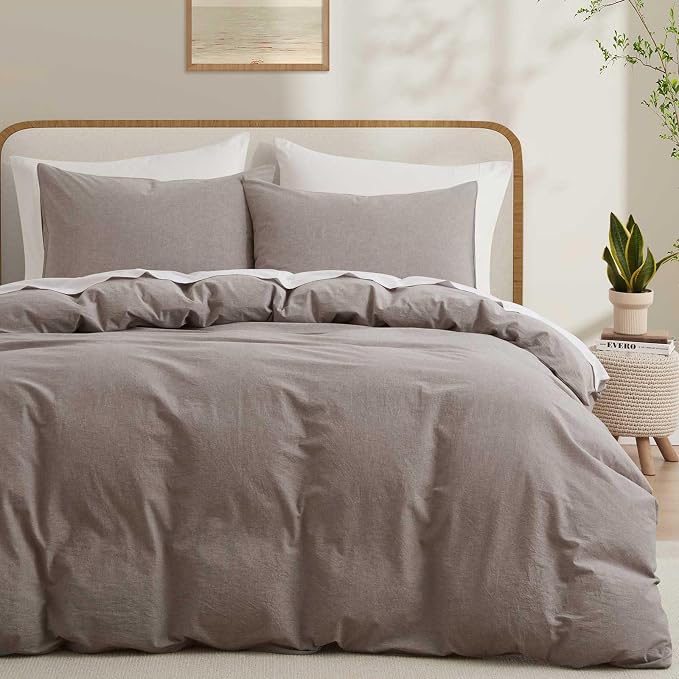 100% Cotton Duvet Cover Queen Size, Mauve Brown Linen-Like Natural Bedding Set by LOVQUE