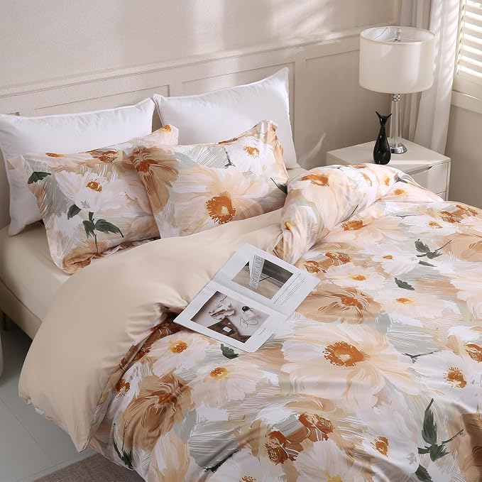 LONAVA King Flower 3 Pcs Duvet Cover Set, Breathable Soft Microfiber Biege by LONAVA