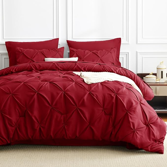HIMEET Pintuck Bed in a Bag, 7 Pieces Full Size Comforter Set Dark Red - Image 9