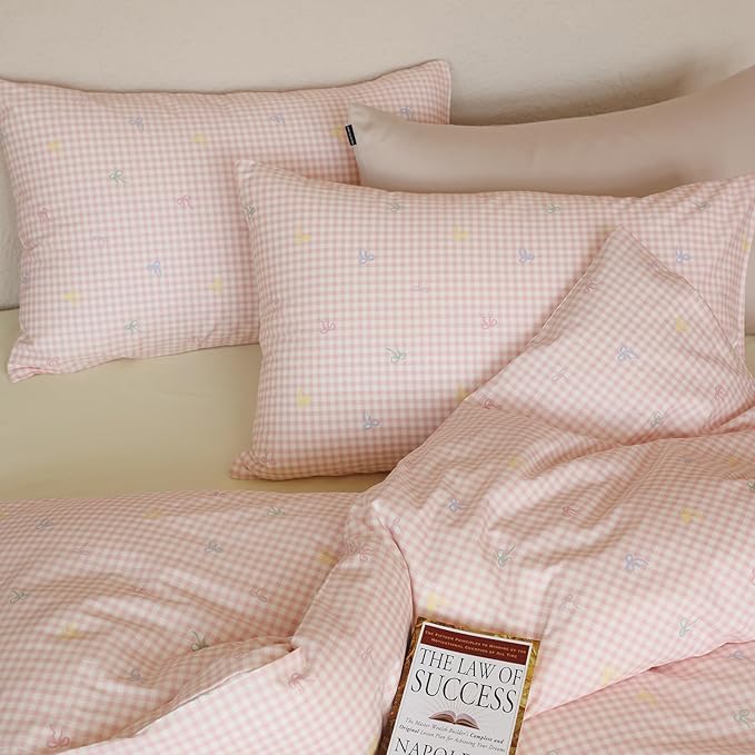 mixinni Gingham Duvet Cover Full Size, 100% Cotton Light Pink and White Gingham - Image 8
