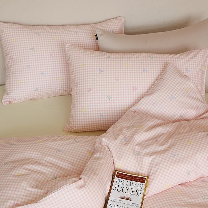 mixinni Gingham Duvet Cover Queen Size, 100% Cotton Light Pink and White - Image 8