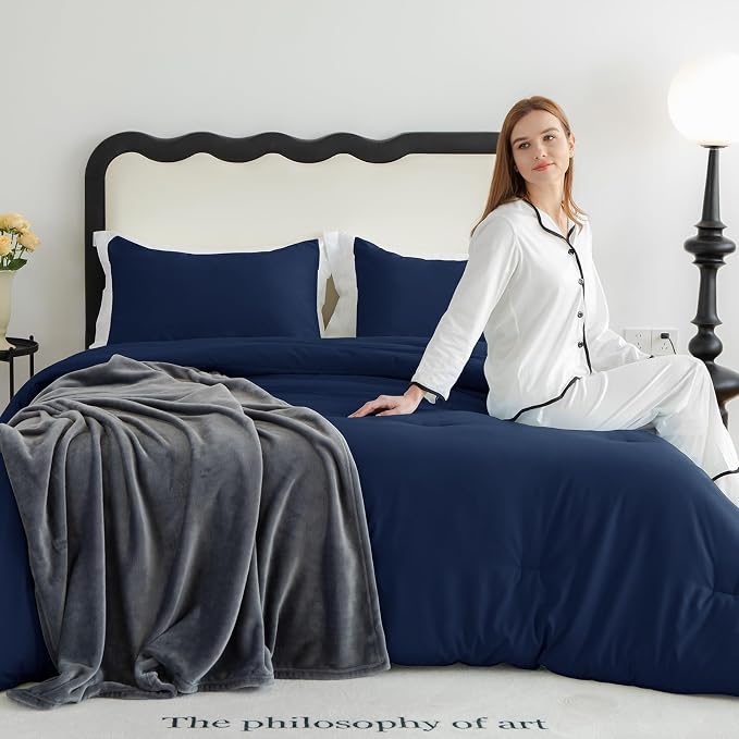 CozyLux Navy Blue King Size Comforter Set, 3 Pieces Solid Breathable Quilted - Image 9