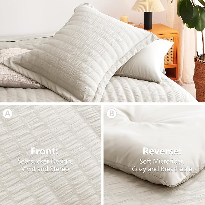 CozyLux Oversized Queen Comforter Set Beige Seersucker 7 Pieces 98x98 Bed in a - Image 4
