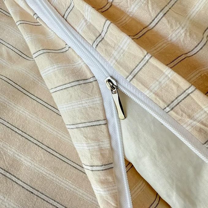 PinkMemory Beige Striped Duvet Cover Set Queen 100% Washed Cotton Beige Wide - Image 6