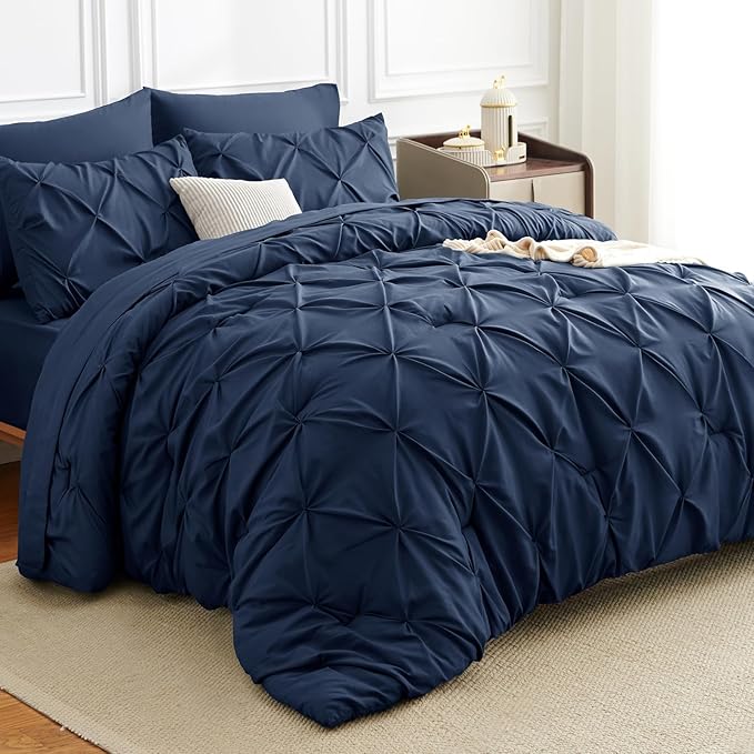 HIMEET Pintuck Bed in a Bag, 7 Pieces King Size Comforter Set Navy Blue by Unknown