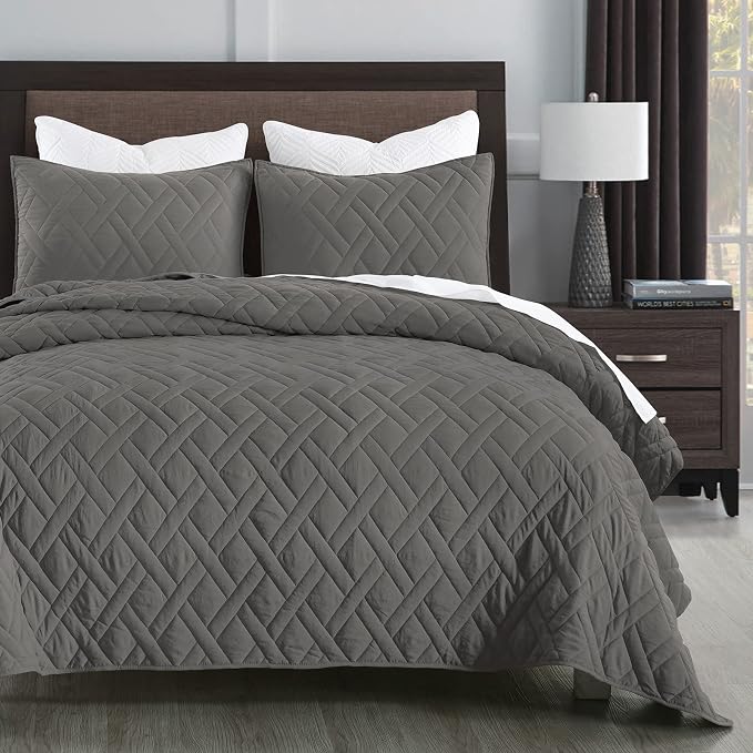 HORIMOTE HOME Quilt Set King Size Grey, Classic Geometric Diamond Stitched by HORIMOTEHOME