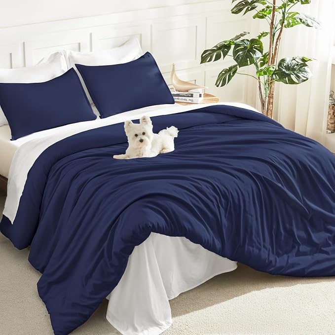 Litanika Navy Blue Comforter Set Queen Size, 3 Pieces Lightweight Solid Bedding by Litanika