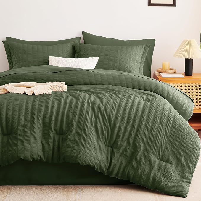 CozyLux Oversized Queen Comforter Set Olive Green Seersucker 7 Pieces 98x98 Bed - Image 9