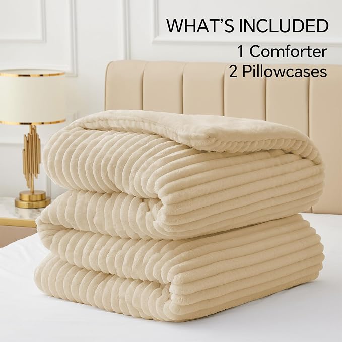 BEDELITE Fleece King Comforter Set -Super Soft & Warm Fluffy Beige Bedding - Image 6