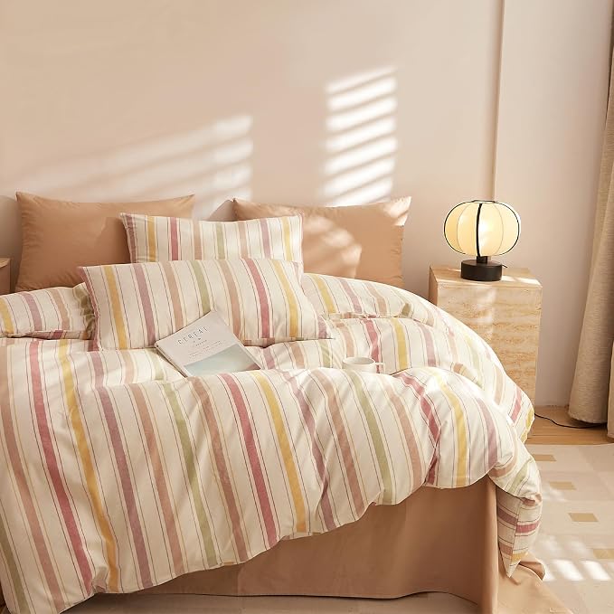 mixinni Vintage Striped Duvet Cover Set Twin, 3-Piece Washed Cotton Bedding Set - Image 6