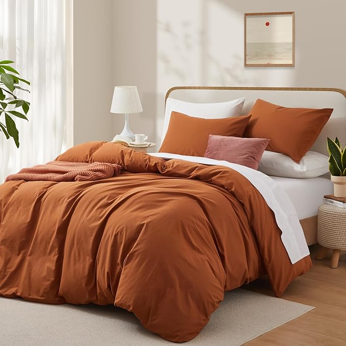 LOVQUE Burnt Orange Cotton Duvet Cover King Size, Linen Like Natural Bedding Set - Image 2