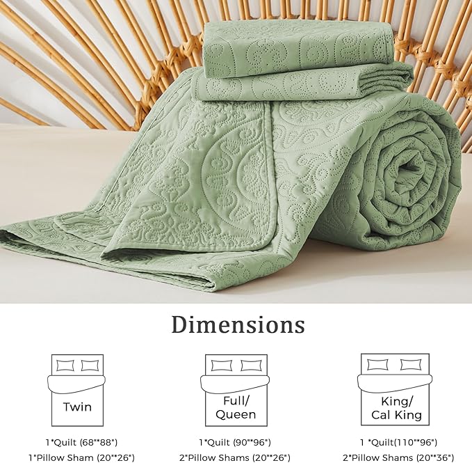 WURUIBO Sage Green Quilt Set King/Cal King Size, Embossing Microfiber Bedspreads - Image 6