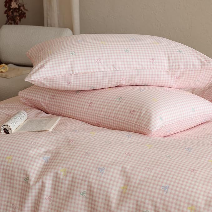 mixinni Gingham Duvet Cover Twin XL Size, 100% Cotton Light Pink and White - Image 4
