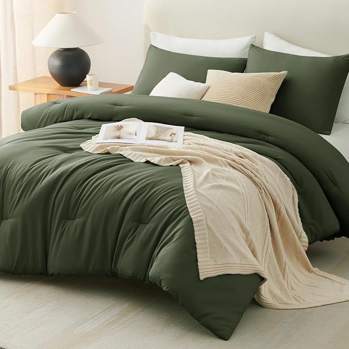 CozyLux California King Comforter Set Olive Green, 3 Pieces Cal King Solid - Image 9