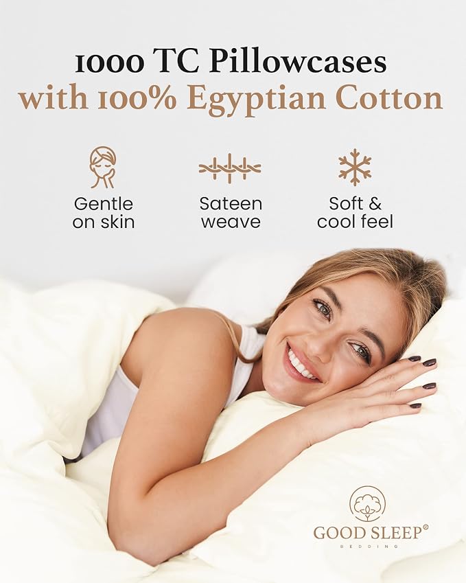 1000 TC Ivory Standard Pillowcases Set of 2 100% Egyptian Cotton Pillow Cases - Image 3