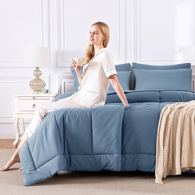 CozyLux Queen Comforter Set Dusty Blue, 7 Pieces Bed in a Bag, All Season - Image 7