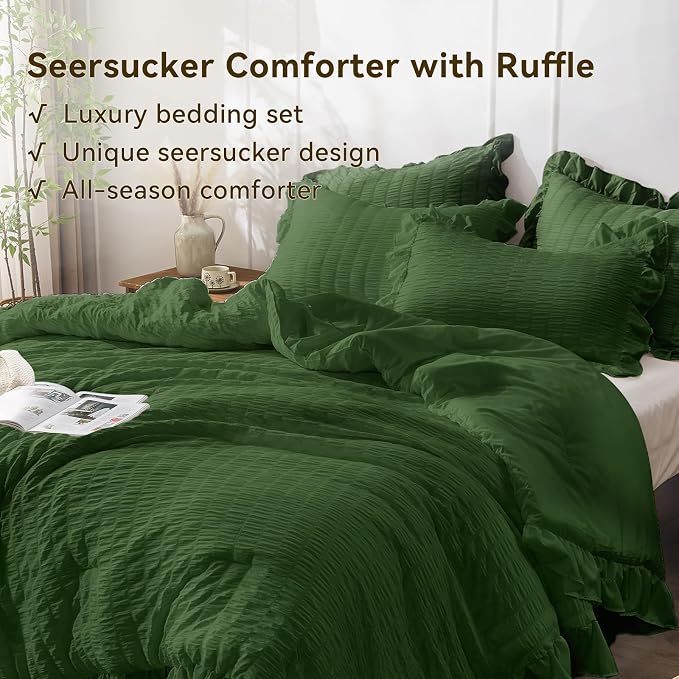 JOLLYVOGUE Dark Green Queen Comforter Set, 3 Pieces Seersucker Comforters Queen - Image 4