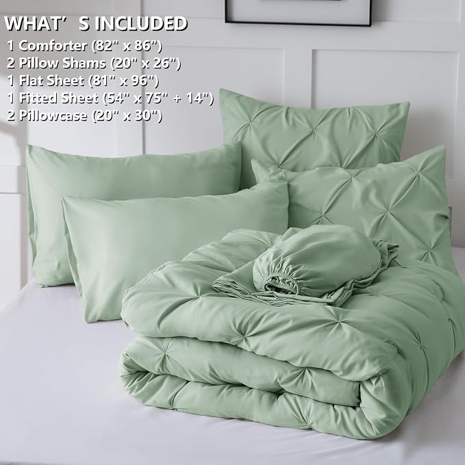 CozyLux Full Size Comforter Sets Sage Green, 7 Pieces Pintuck Bed in A Bag - Image 7