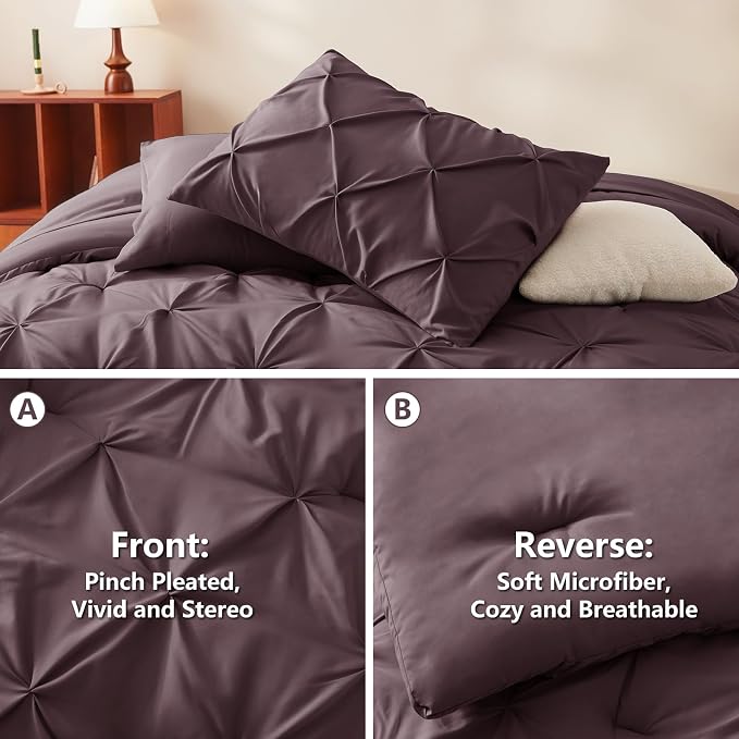 CozyLux Queen Comforter Set Cocoa Powder, 7 Pieces Pintuck Bed in A Bag - Image 3