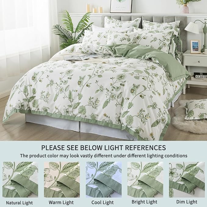 FADFAY Green Duvet Cover Set Twin Floral Bedding 100% Cotton Shabby Vintage - Image 7