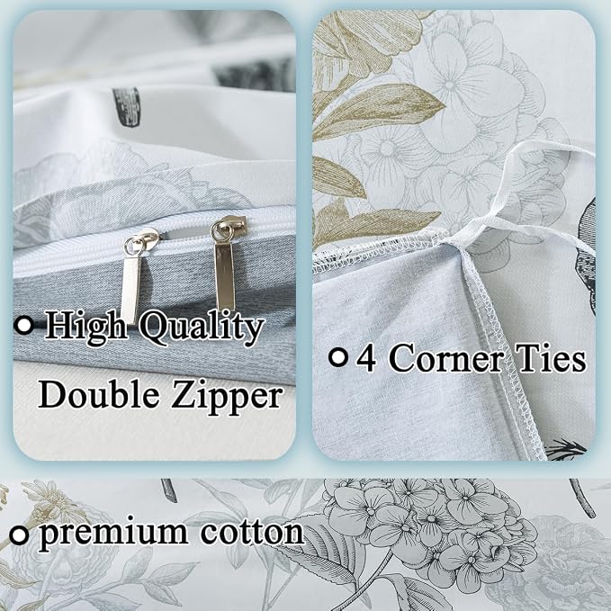 FADFAY Floral Duvet Cover Sets Queen Size 100% Cotton Ink Grey Vintage Flower - Image 3