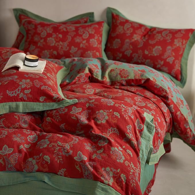 mixinni Exquisite Vintage Red Floral Duvet Cover King Size Yarn-Dyed Jacquard - Image 5