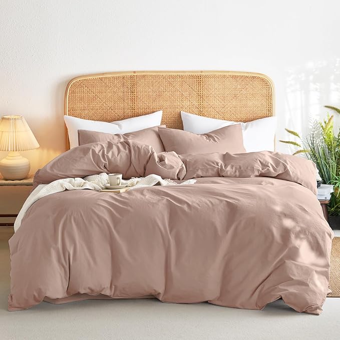Wake In Cloud - Cotton Duvet Cover Set, King Size, Dusty Rose Pink, 100% Washed by WakeInCloud