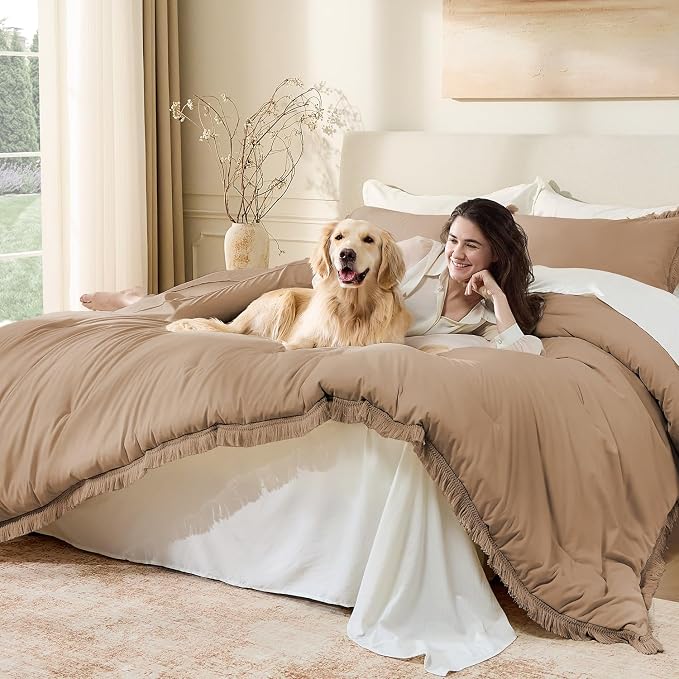 Andency Taupe Comforter Set Full Size, 3 Pieces Boho Tassel Lightweight Bedding - Image 3