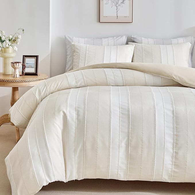 WARMDERN Khaki Striped Weave Duvet Cover Queen Size, Microfiber Textured by WARMDERN
