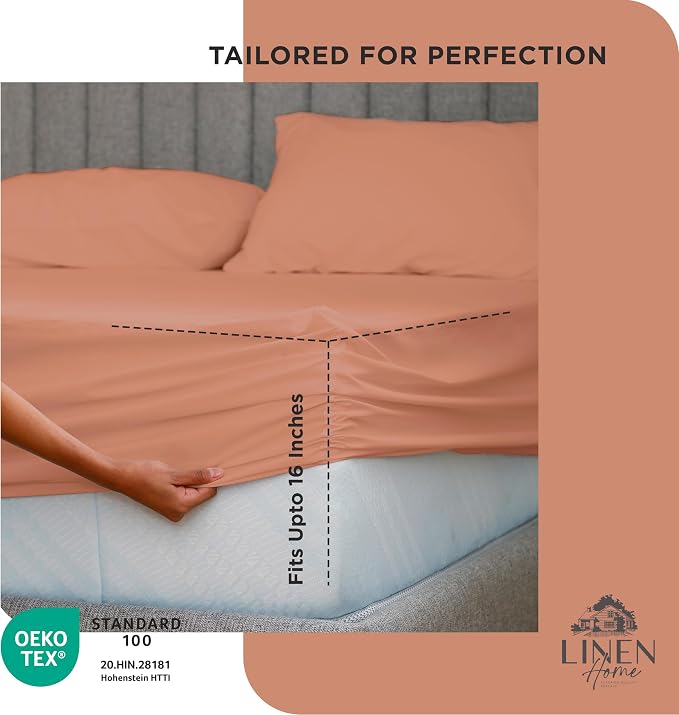 Linen Home 100% Cotton Percale Weave Fitted Sheet, Queen Size, Tera Clay - Image 3